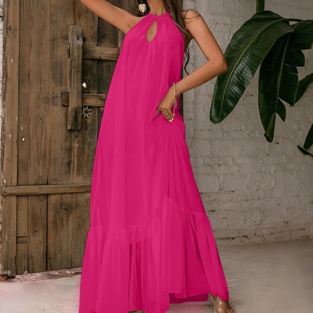 Hot Pink Boho Womens Tie Backless Halter Dress